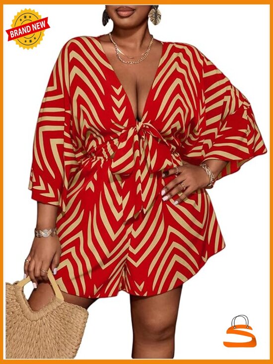 Pants - Plus Size Striped V Neck Tie Front Romper 3/4 Sleeve Loose Fit Jumpsuit